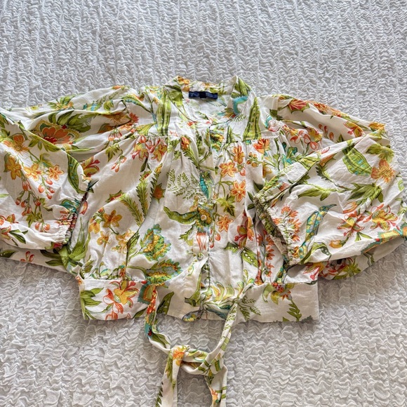 RACHEL Rachel Roy Tropical Floral Linen Blend Tie Front Blouse Puff Sleeve L - Picture 6 of 15